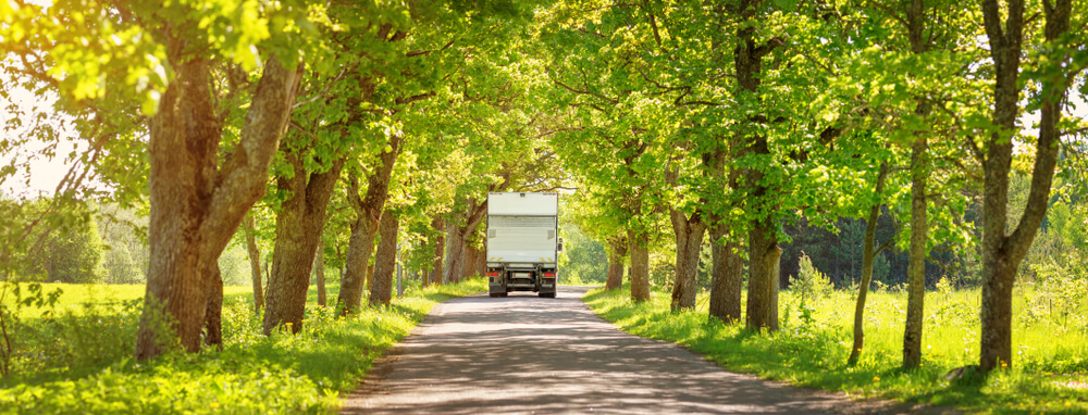 moving truck driving in between trees in the spring